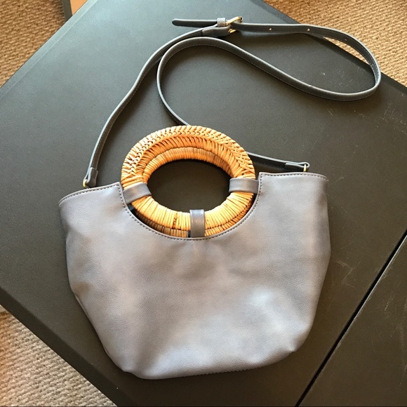 Anthropologie Periwinkle Denim Blue Handbag Rattan Handles Cross Shoulder wPouch - Picture 3 of 5